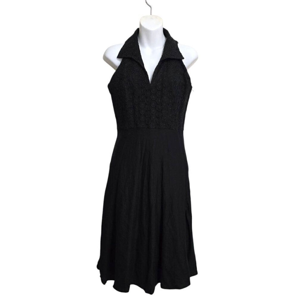 Eliza J Black Halter Neck Crocheted Lace A-Line Linen Blend Midi Dress Sz 6